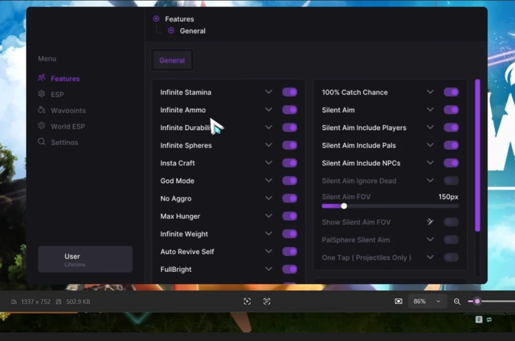 Palworld Hack features menu overlay